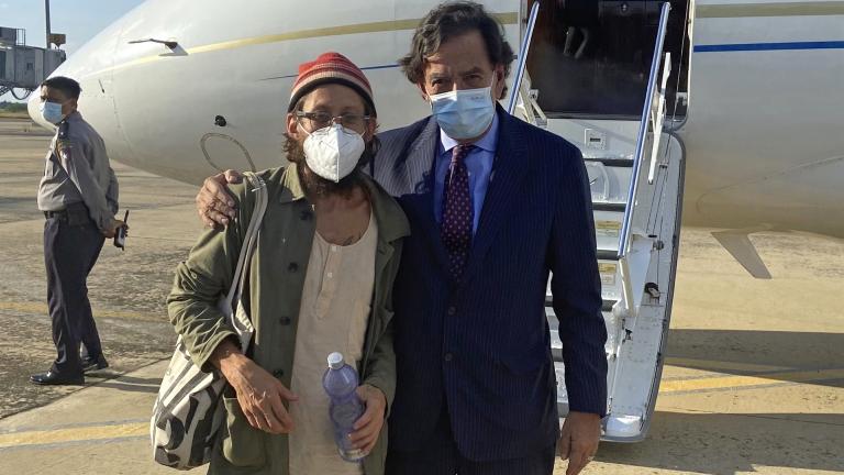 In this photo provided by the Richardson Center, former U.S. Ambassador to the U.N. Bill Richardson, right, poses with journalist Danny Fenster in Naypyitaw, Myanmar, Monday, Nov. 15, 2021. (The Richardson Center via AP)