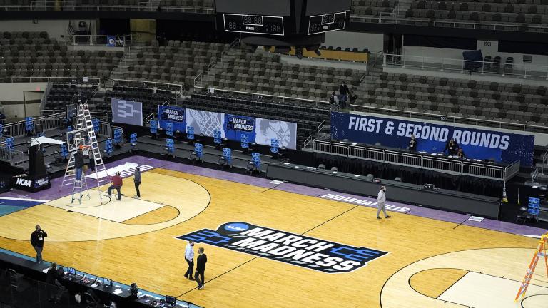 The Indiana Farmers Coliseum scoreboard goes dark after a first round NCAA college basketball tournament game between Iowa and Grand Canyon Saturday, March 20, 2021, in Indianapolis. (AP Photo / Charles Rex Arbogast)