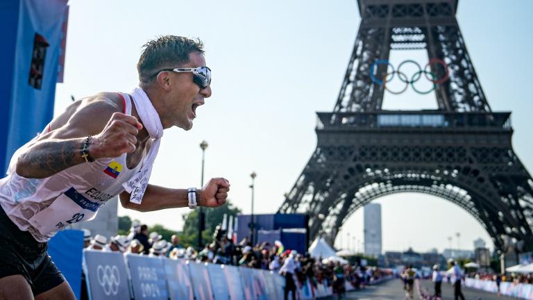 Brian Daniel Pintado, of Ecuador, celebrates after winning the gold medal at the end of the men's 20km race walk at the 2024 Summer Olympics, Thursday, Aug. 1, 2024, in Paris, France. (Vadim Ghirda / AP Photo)