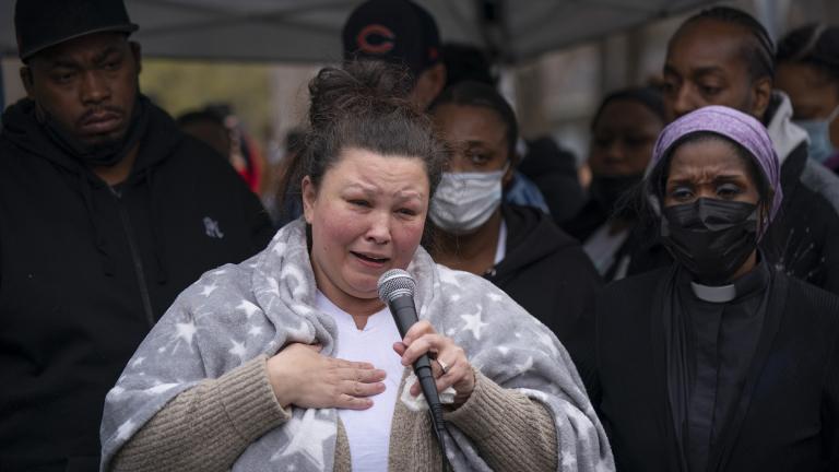 Daunte Wright’s mother, Katie, eulogizes her son at his vigil, Monday, April 12, 2021, as the community responded to the police killing of 20-year-old Wright, with hundreds joining his family at the location on 63 Ave. N. in Brooklyn Center, Minn., where he was killed. (Jeff Wheeler / Star Tribune via AP)