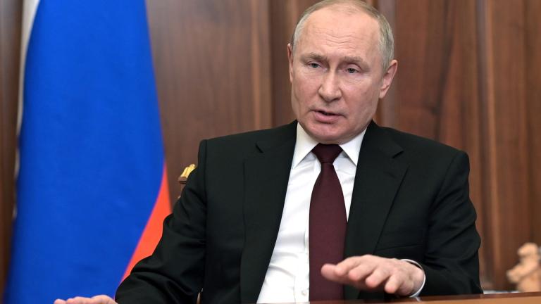 Russian President Vladimir Putin addresses the nation in the Kremlin in Moscow, Russia, Monday, Feb. 21, 2022. (Alexei Nikolsky, Sputnik, Kremlin Pool Photo via AP)