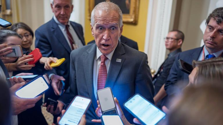 Sen. Thom Tillis, R-N.C., speaks to reporters as Republican senators arrive for a closed-door lunch at the Capitol in Washington, Tuesday, June 23, 2026, to prepare for a meeting with President Donald Trump Wednesday. (AP Photo / J. Scott Applewhite)