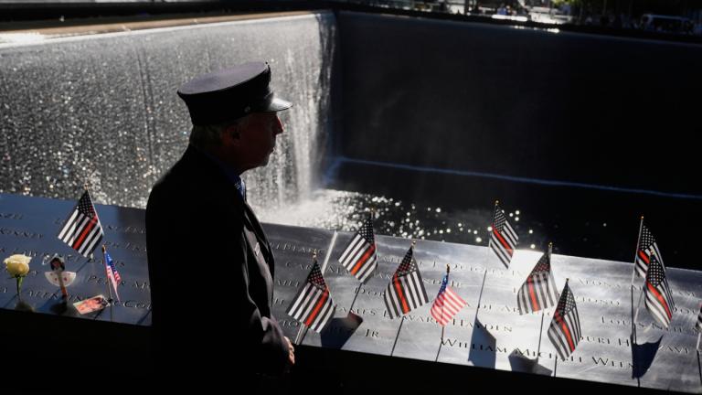 William Staudt, a firefighter that worked at Ground Zero on the day of the attacks, looks over a reflecting pool during a ceremony to mark the 24th anniversary of the 9/11 attacks, Thursday, Sept. 11, 2025, in New York. (AP Photo / Seth Wenig)