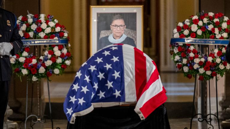 Justice Ruth Bader Ginsburg lies in state in Statuary Hall of the U.S. Capitol in Washington on Friday, Sept. 25, 2020. (Shawn Thew / Pool via AP)