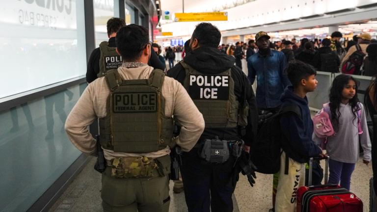 Federal immigration agents walk through Terminal 5 at John F. Kennedy International Airport (JFK) in the Queens borough of New York, Monday, March 23, 2026. (AP Photo / Ryan Murphy)