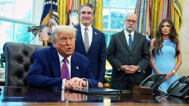 President Donald Trump speaks to the media in the Oval Office at the White House, Tuesday, June 10, 2025, in Washington, as Interior Secretary Doug Burgum, Director of the Office of Management and Budget Russell Vought and Secretary of Homeland Security Kristi Noem, look on. (AP Photo / Evan Vucci)
