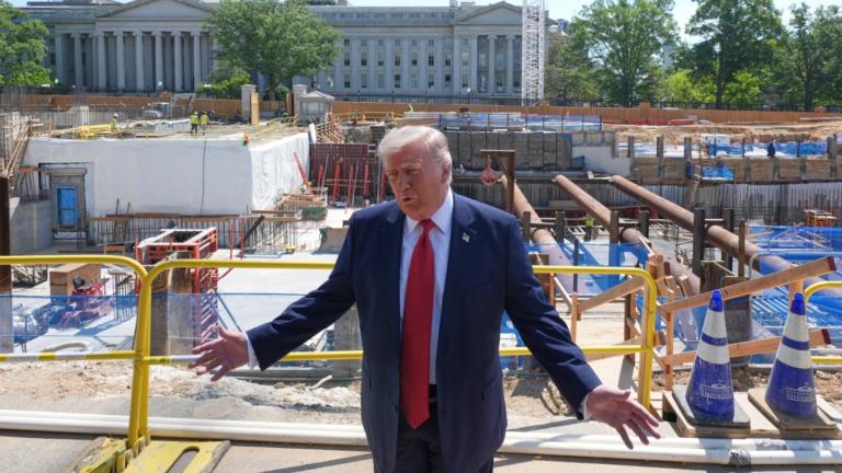 President Donald Trump tours Ballroom construction around the outside the White House, Tuesday, May 19, 2026, in Washington. (AP Photo / Jacquelyn Martin)
