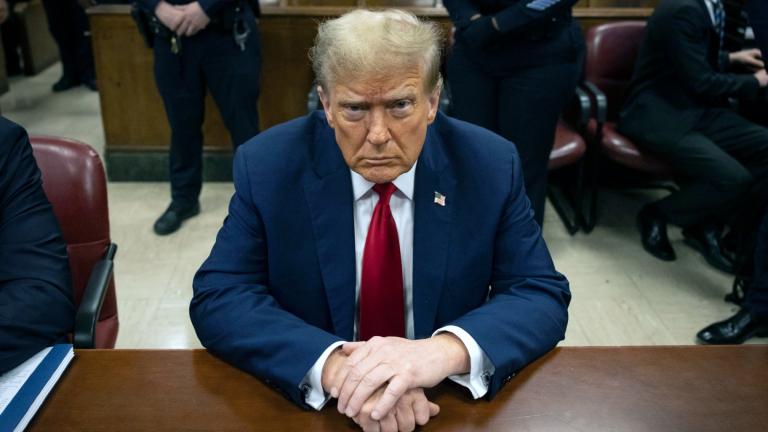 Former President Donald Trump waits for the start of proceedings in Manhattan criminal court, Tuesday, April 23, 2024, in New York. Before testimony resumes Tuesday, the judge will hold a hearing on prosecutors’ request to sanction and fine Trump over social media posts they say violate a gag order prohibiting him from attacking key witnesses. (Yuki Iwamura / AP Photo, Pool)
