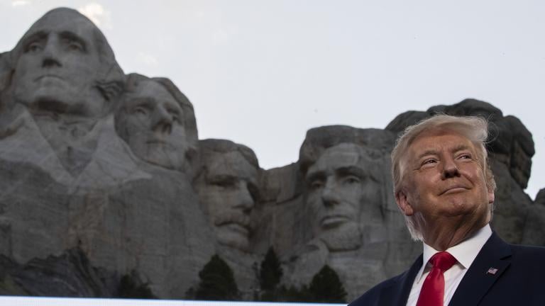 President Donald Trump smiles at Mount Rushmore National Memorial, Friday, July 3, 2020, near Keystone, S.D. (AP Photo / Alex Brandon)