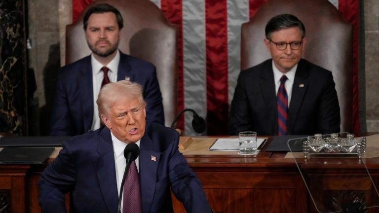 President Donald Trump addresses a joint session of Congress in the House chamber at the U.S. Capitol in Washington, Tuesday, March 4, 2025, as Vice President JD Vance and House Speaker Mike Johnson of La., listen. (AP Photo / Julia Demaree Nikhinson)
