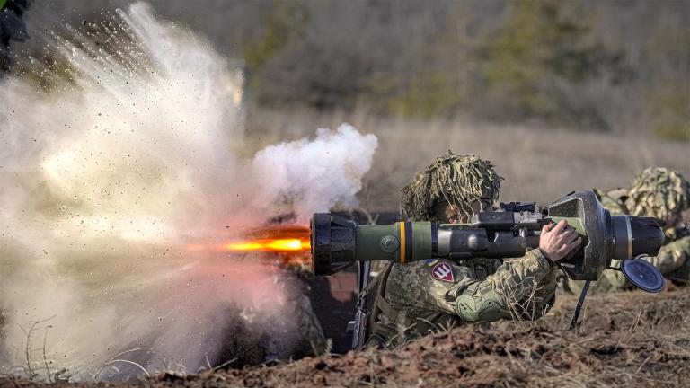 A Ukrainian serviceman fires an NLAW anti-tank weapon during an exercise in the Joint Forces Operation, in the Donetsk region, eastern Ukraine, Tuesday, Feb. 15, 2022. AP Photo / Vadim Ghirda) 