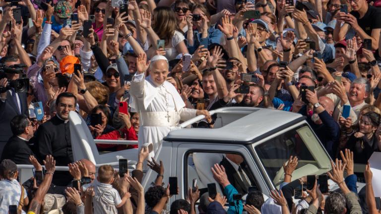 Pope Leo XIV on his popemobile tours St. Peter's Square at the Vatican prior to the inaugural Mass of his pontificate, Sunday, May 18, 2025. (AP Photo / Domenico Stinellis)