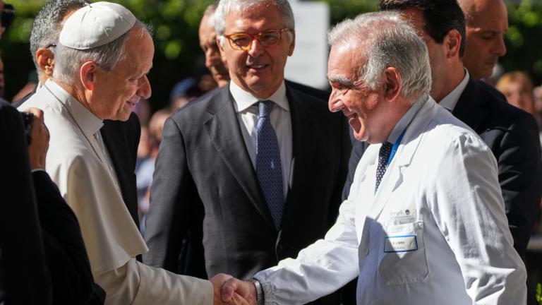 Medical Director Andrea Cambieri, right, greets Pope Leo XIV as he arrives at the Agostino Gemelli Polyclinic in Rome on Tuesday, Oct. 13, 2026, where doctors expect to operate to remove a lung nodule. (AP Photo / Gregorio Borgia)