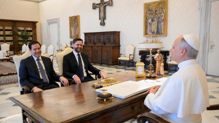 Pope Leo XIV meets with Vice President JD Vance, center, and Secretary of State Marco Rubio, left, on the occasion of their meeting at the Vatican, Monday, May 19, 2025. (Vatican Media via AP)