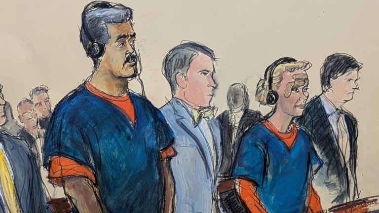 In this courtroom sketch, Venezuelan President Nicolas Maduro, left, and his wife, Cilia Flores, second from right, appear in Manhattan federal court with their defense attorneys Mark Donnelly, second from left, and Andres Sanchez, Monday, Jan. 5, 2026, in New York. (Elizabeth Williams via AP)