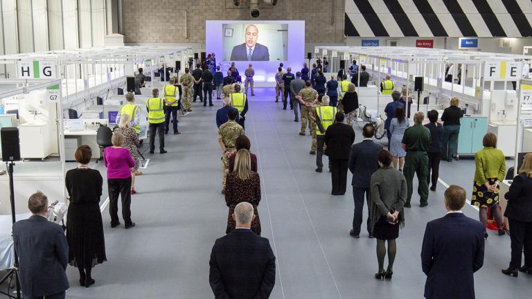 Britain’s Prince William speaks via videolink as he officially opens the NHS Nightingale Hospital Birmingham, in the National Exhibition Centre (NEC), England, Thursday April 16, 2020. (Jacob King / Pool Photo via AP) 
