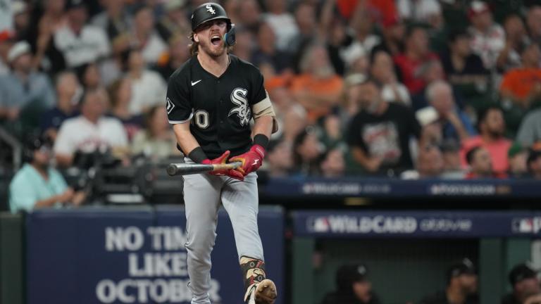 Chicago White Sox's Chase Meidroth (10) celebrates after hitting a 3-run home run during the sixth inning in Game 2 of baseball's American League Wild Card Series against the Houston Astros, Wednesday, Sept. 30, 2026, in Houston. (AP Photo / Karen Warren)