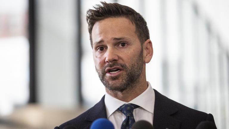 Former U.S. Rep. Aaron Schock speaks to reporters at the Dirksen Federal Courthouse on Wednesday, March 6, 2019. (Ashlee Rezin / Chicago Sun-Times via AP)