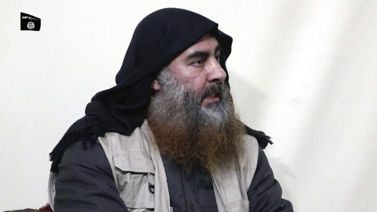 This file image made from video posted on a militant website April 29, 2019, purports to show the leader of the Islamic State group, Abu Bakr al-Baghdadi, being interviewed by his group’s Al-Furqan media outlet. (Al-Furqan media via AP, File)