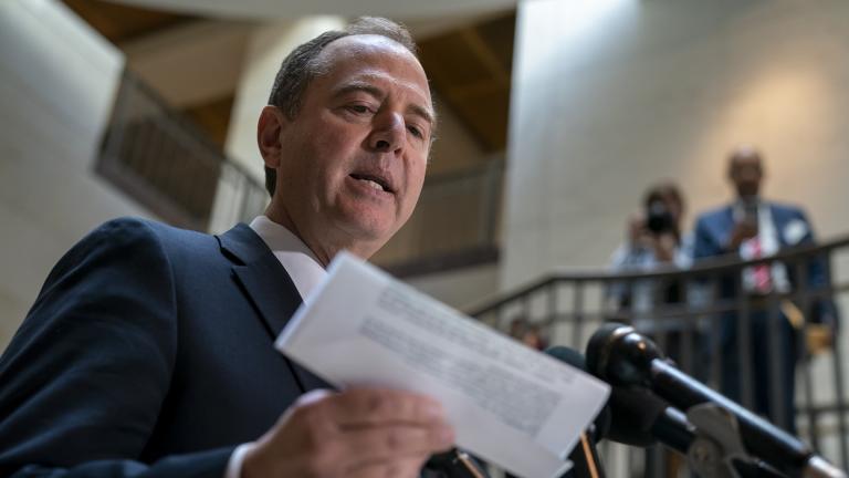 House Intelligence Committee Chairman Adam Schiff, D-Calif., speaks to reporters after the panel met behind closed doors with national intelligence inspector general Michael Atkinson about a whistleblower complaint, at the Capitol in Washington, Thursday, Sept. 19, 2019. (AP Photo / J. Scott Applewhite)