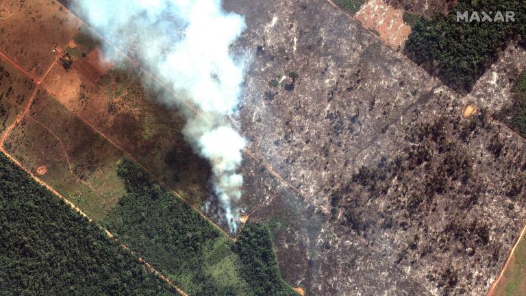 This Aug. 15, 2019 satellite image from Maxar Technologies shows a close-up view of a fire southwest of Porto Velho Brazil. Brazil's National Institute for Space Research, a federal agency monitoring deforestation and wildfires, said the country has seen a record number of wildfires this year as of Tuesday, Aug. 20. (Satellite image ©2019 Maxar Technologies via AP)