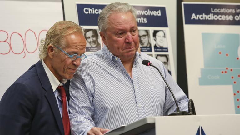 Jeff Anderson, an attorney for victims of sexual abuse by clergy, is joined by abuse victim Joe Iacono as he speaks during a press conference in Chicago, Sept. 17, 2019. (AP Photo / Teresa Crawford)