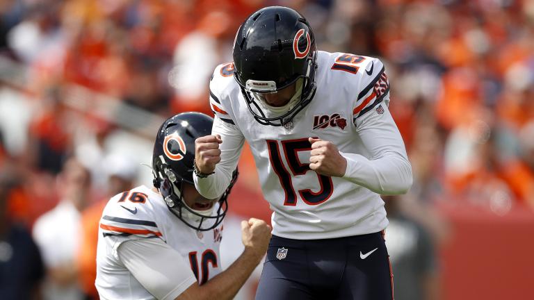 Chicago Bears kicker Eddy Pineiro (15) celebrates his field goal with punter Pat O’Donnell (16) during the first half of an NFL football game against the Denver Broncos, Sunday, Sept. 15, 2019, in Denver. (AP Photo / David Zalubowski) Chicago Bears kicker Eddy Pineiro (15) celebrates his field goal with punter Pat O’Donnell (16) during the first half of an NFL football game against the Denver Broncos, Sunday, Sept. 15, 2019, in Denver. (AP Photo / David Zalubowski)