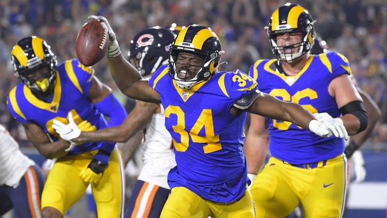 Los Angeles Rams running back Malcolm Brown celebrates after scoring against the Chicago Bears during the second half of an NFL football game Sunday, Nov. 17, 2019, in Los Angeles. (AP Photo / Mark J. Terrill)