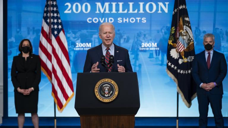 Vice President Kamala Harris, left, and White House COVID-19 Response Coordinator Jeff Zients, right, listen as President Joe Biden speaks about COVID-19 vaccinations at the White House, Wednesday, April 21, 2021, in Washington. (AP Photo / Evan Vucci)