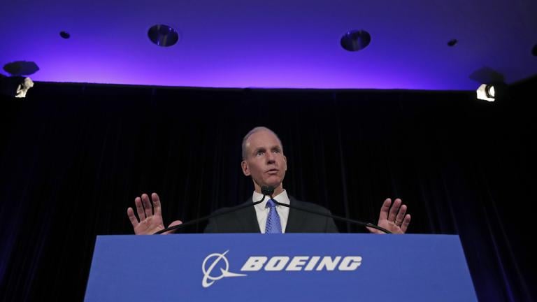 Boeing Chief Executive Dennis Muilenburg speaks during a news conference after the company’s annual shareholders meeting at the Field Museum in Chicago, on Monday, April 29, 2019. (AP Photo / Jim Young, Pool)