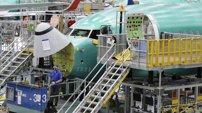 In this March 27, 2019, file photo, a Boeing 737 MAX 8 airplane is shown on the assembly line during a brief media tour of Boeing’s 737 assembly facility in Renton, Washington. (AP Photo / Ted S. Warren, File) In this March 27, 2019, file photo, a Boeing 737 MAX 8 airplane is shown on the assembly line during a brief media tour of Boeing’s 737 assembly facility in Renton, Washington. (AP Photo / Ted S. Warren, File)
