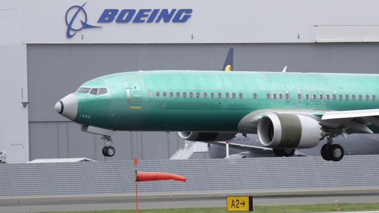 In this April 10, 2019, file photo a Boeing 737 MAX 8 airplane being built for India-based Jet Airways lands following a test flight at Boeing Field in Seattle. (AP Photo / Ted S. Warren, File)