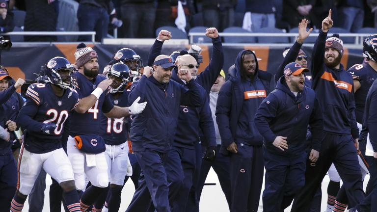 Chicago Bears head coach Matt Nagy celebrates with his team after an NFL football game against the Green Bay Packers on Sunday, Dec. 16, 2018, in Chicago. The Bears won 24-17. (AP Photo / David Banks)