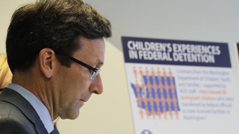 Washington Attorney General Bob Ferguson listens to a question as he stands next to a display board, Monday, Aug. 26, 2019, during a news conference in Seattle. (AP Photo / Ted S. Warren) Washington Attorney General Bob Ferguson listens to a question as he stands next to a display board, Monday, Aug. 26, 2019, during a news conference in Seattle. (AP Photo / Ted S. Warren)