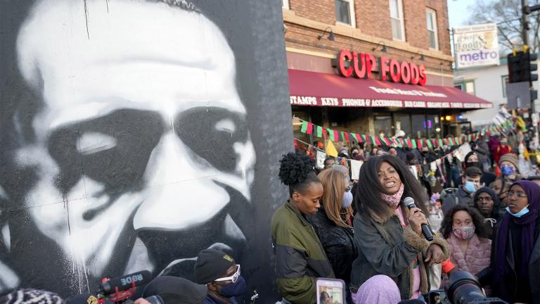 Angela Harrelson, right, aunt of George Floyd, talks to supporters at George Floyd Square after a guilty verdict was announced at the trial of former Minneapolis police Officer Derek Chauvin for the 2020 death of Floyd, Tuesday, April 20, 2021, in Minneapolis. Chauvin has been convicted of murder and manslaughter in the death of Floyd. (AP Photo / Julio Cortez)