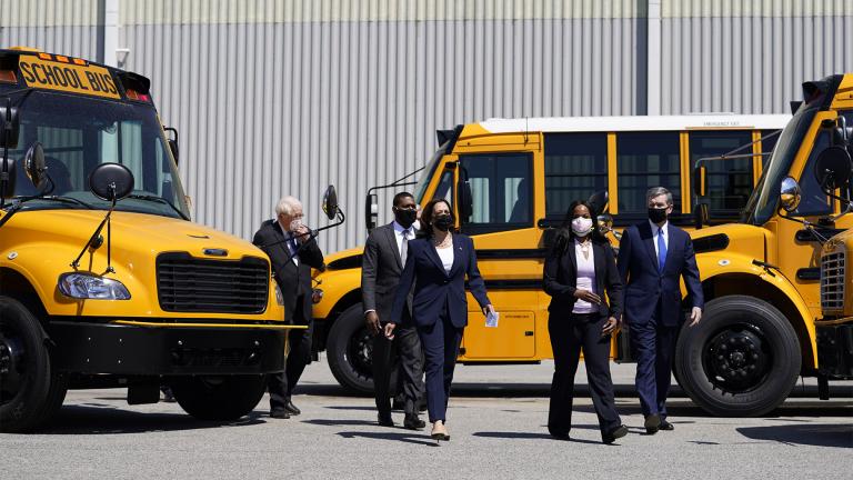 Vice President Kamala Harris tours Thomas Built Buses, Monday, April 19, 2021, in High Point, N.C. Harris is joined by EPA Administrator Michael Regan, North Carolina Gov. Roy Cooper, Leslie Kilgore Vice President of Engineering, Rep. David Price, D-NC. (AP Photo / Carolyn Kaster)