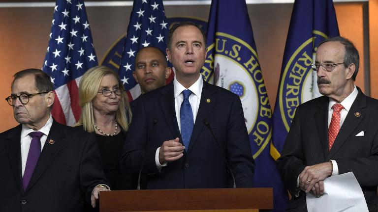 House Intelligence Committee Chairman Adam Schiff, D-Calif., second from right, speaks during a news conference on Capitol Hill in Washington, Thursday, Oct. 31, 2019. Schiff is joined by, from left, House Judiciary Committee Chairman Jerrold Nadler, D-N.Y., House Oversight and Government Reform Committee acting chair Carolyn Maloney, D-N.Y., House Democratic Caucus Chairman Hakeem Jeffries, D-N.Y., and House Foreign Affairs Committee Chairman Eliot Engel, D-N.Y. (AP Photo / Susan Walsh) House Intelligence Committee Chairman Adam Schiff, D-Calif., second from right, speaks during a news conference on Capitol Hill in Washington, Thursday, Oct. 31, 2019. Schiff is joined by, from left, House Judiciary Committee Chairman Jerrold Nadler, D-N.Y., House Oversight and Government Reform Committee acting chair Carolyn Maloney, D-N.Y., House Democratic Caucus Chairman Hakeem Jeffries, D-N.Y., and House Foreign Affairs Committee Chairman Eliot Engel, D-N.Y. (AP Photo / Susan Walsh)