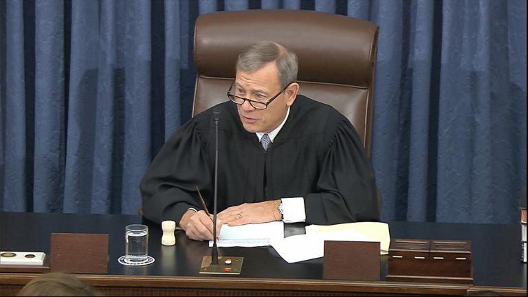 In this image from video, presiding officer Supreme Court Chief Justice John Roberts speaks during the impeachment trial against President Donald Trump in the Senate at the U.S. Capitol in Washington, Wednesday, Jan. 22, 2020. (Senate Television via AP)