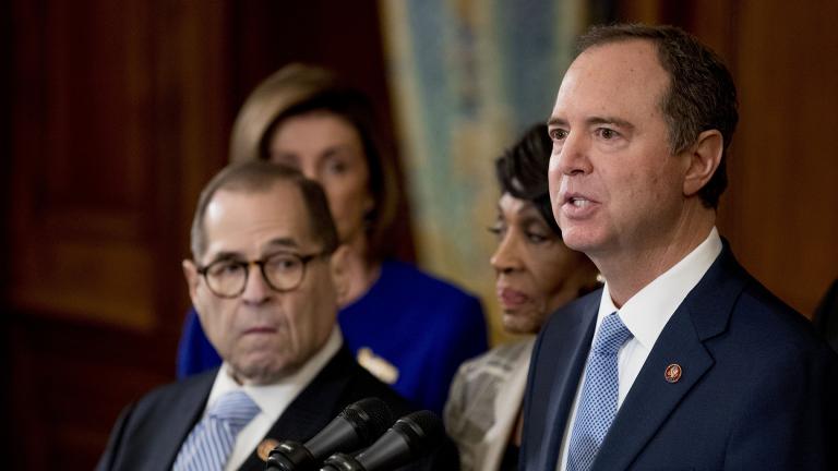 Rep. Adam Schiff, D-Calif., Chairman of the House Intelligence Committee, right, speaks with, from left, Chairman of the House Judiciary Committee Jerrold Nadler, D-N.Y., House Speaker Nancy Pelosi and Chairwoman of the House Financial Services Committee Maxine Waters, D-Calif., second from right, during a news conference to unveil articles of impeachment against President Donald Trump, abuse of power and obstruction of Congress, Tuesday, Dec. 10, 2019, in Washington. (AP Photo / Andrew Harnik) Rep. Adam Schiff, D-Calif., Chairman of the House Intelligence Committee, right, speaks with, from left, Chairman of the House Judiciary Committee Jerrold Nadler, D-N.Y., House Speaker Nancy Pelosi and Chairwoman of the House Financial Services Committee Maxine Waters, D-Calif., second from right, during a news conference to unveil articles of impeachment against President Donald Trump, abuse of power and obstruction of Congress, Tuesday, Dec. 10, 2019, in Washington. (AP Photo / Andrew Harnik)