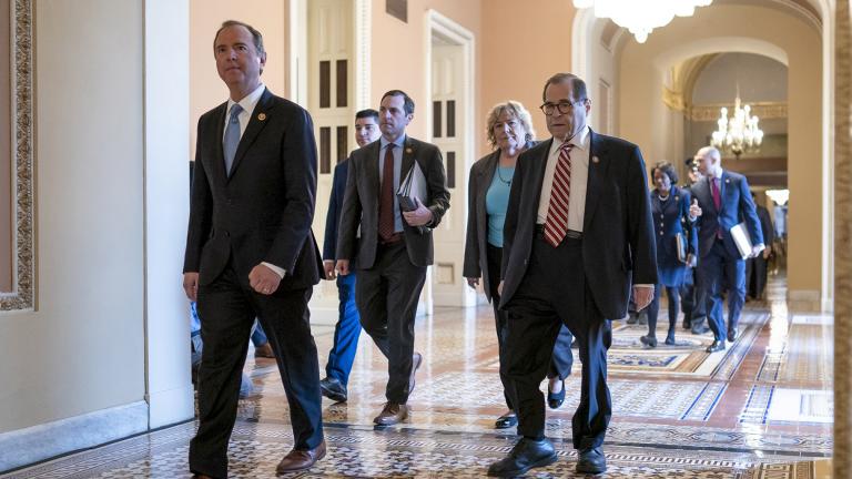 House Democratic impeachment managers, from left, House Intelligence Committee Chairman Adam Schiff, D-Calif., Rep. Jason Crow, D-Colo., Rep. Zoe Lofgren, D-Calif., and House Judiciary Committee Chairman Jerrold Nadler, D-N.Y., arrive for the start of the third day of the impeachment trial of President Donald Trump at the Capitol in Washington, Thursday, Jan. 23, 2020. (AP Photo / J. Scott Applewhite)