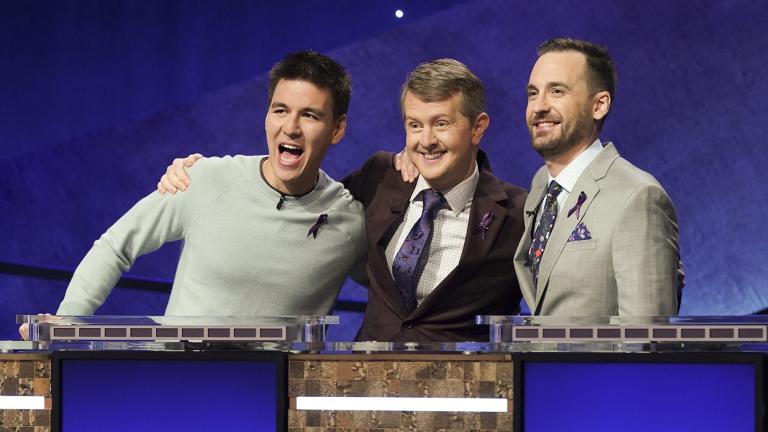 In this image released by ABC, contestants, from left, James Holzhauer, Ken Jennings and Brad Rutter appear on the set of “Jeopardy! The Greatest of All Time,” in Los Angeles. (Eric McCandless / ABC via AP) In this image released by ABC, contestants, from left, James Holzhauer, Ken Jennings and Brad Rutter appear on the set of “Jeopardy! The Greatest of All Time,” in Los Angeles. (Eric McCandless / ABC via AP)