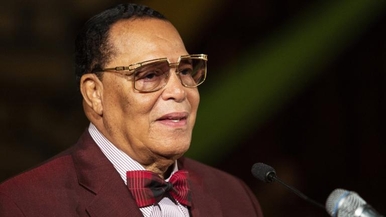 Minister Louis Farrakhan of the Nation of Islam speaks at St. Sabina Church on Thursday night, May 9, 2019. (Ashlee Rezin / Chicago Sun-Times via AP)