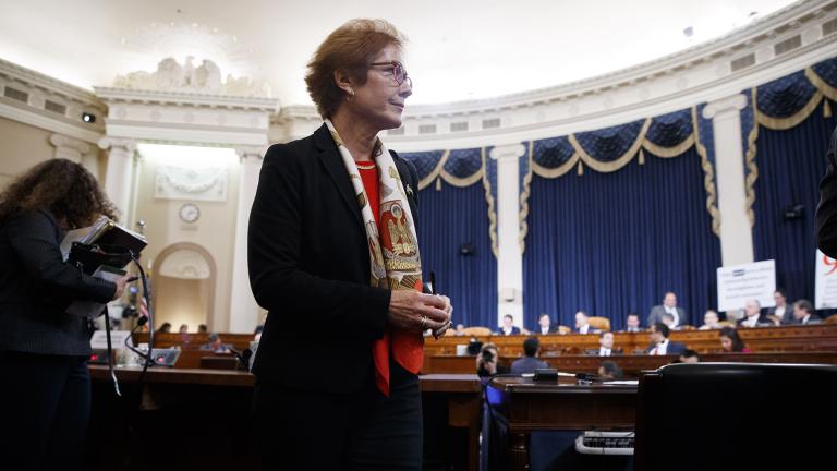 Former U.S. Ambassador to Ukraine Marie Yovanovitch gets up during a break in testimony before the House Intelligence Committee, Friday, Nov. 15, 2019, on Capitol Hill in Washington. (AP Photo / Jacquelyn Martin) Former U.S. Ambassador to Ukraine Marie Yovanovitch gets up during a break in testimony before the House Intelligence Committee, Friday, Nov. 15, 2019, on Capitol Hill in Washington. (AP Photo / Jacquelyn Martin)