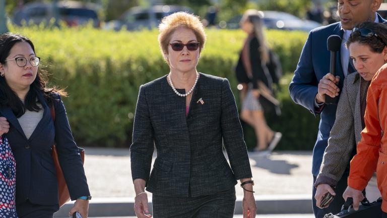 In this Oct. 11, 2019, file photo, former U.S. ambassador to Ukraine Marie Yovanovitch, center, arrives on Capitol Hill, Friday, Oct. 11, 2019, in Washington, to testify before congressional lawmakers as part of the House impeachment inquiry into President Donald Trump. (AP Photo / J. Scott Applewhite, File)