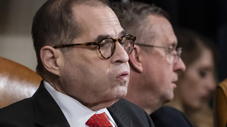 House Judiciary Committee Chairman Jerrold Nadler, D-N.Y., left, exhales after a day of work with Rep. Doug Collins, R-Ga., the ranking member, right, on the markup of articles of impeachment against President Donald Trump, Thursday, Dec. 12, 2019, on Capitol Hill in Washington. (AP Photo / J. Scott Applewhite) House Judiciary Committee Chairman Jerrold Nadler, D-N.Y., left, exhales after a day of work with Rep. Doug Collins, R-Ga., the ranking member, right, on the markup of articles of impeachment against President Donald Trump, Thursday, Dec. 12, 2019, on Capitol Hill in Washington. (AP Photo / J. Scott Applewhite)