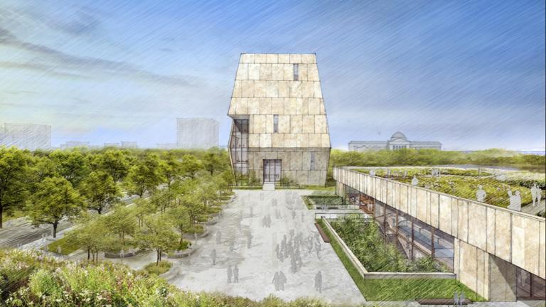 This illustration released on May 3, 2017 by the Obama Foundation shows plans for the proposed Obama Presidential Center with a museum, rear, in Jackson Park on Chicago's South Side. (Obama Foundation via AP, File)