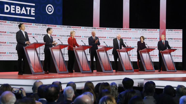 Democratic presidential candidates from left, entrepreneur Andrew Yang, South Bend Mayor Pete Buttigieg, Sen. Elizabeth Warren, D-Mass., former Vice President Joe Biden, Sen. Bernie Sanders, I-Vt., Sen. Amy Klobuchar, D-Minn., and businessman Tom Steyer participate in a Democratic presidential primary debate Thursday, Dec. 19, 2019, in Los Angeles. (AP Photo / Chris Carlson)