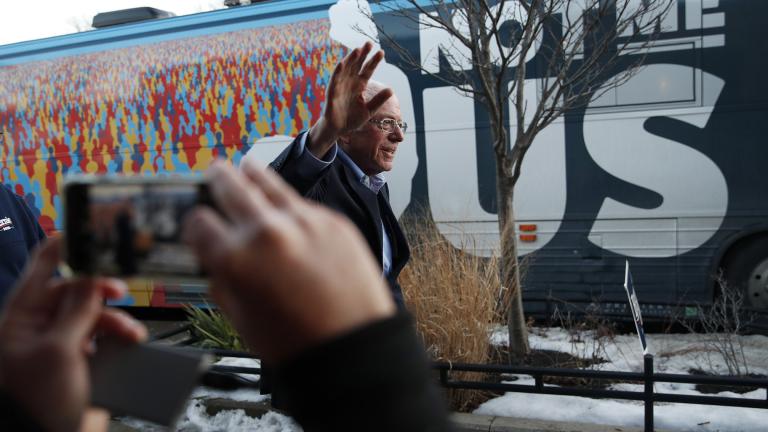 Democratic presidential candidate Sen. Bernie Sanders, I-Vt., waves as he leaves after speaking at a Super Bowl watch party campaign event, Sunday, Feb. 2, 2020, in Des Moines, Iowa. (AP Photo / John Locher)
