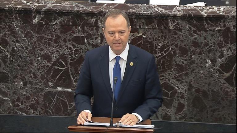 In this image from video, House impeachment manager Rep. Adam Schiff, D-Calif., speaks during closing arguments in the impeachment trial against President Donald Trump in the Senate at the U.S. Capitol in Washington, Monday, Feb. 3, 2020. (Senate Television via AP)