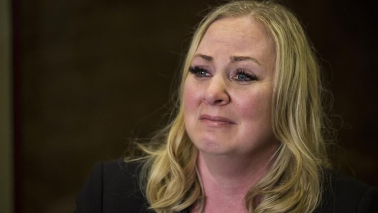 Tiffany Van Dyke, wife of former Chicago police Officer Jason Van Dyke, speaks during a news conference at attorney Daniel Herbert’s office in Chicago on Thursday, Feb. 14, 2019. (Ashlee Rezin / Chicago Sun-Times via AP)